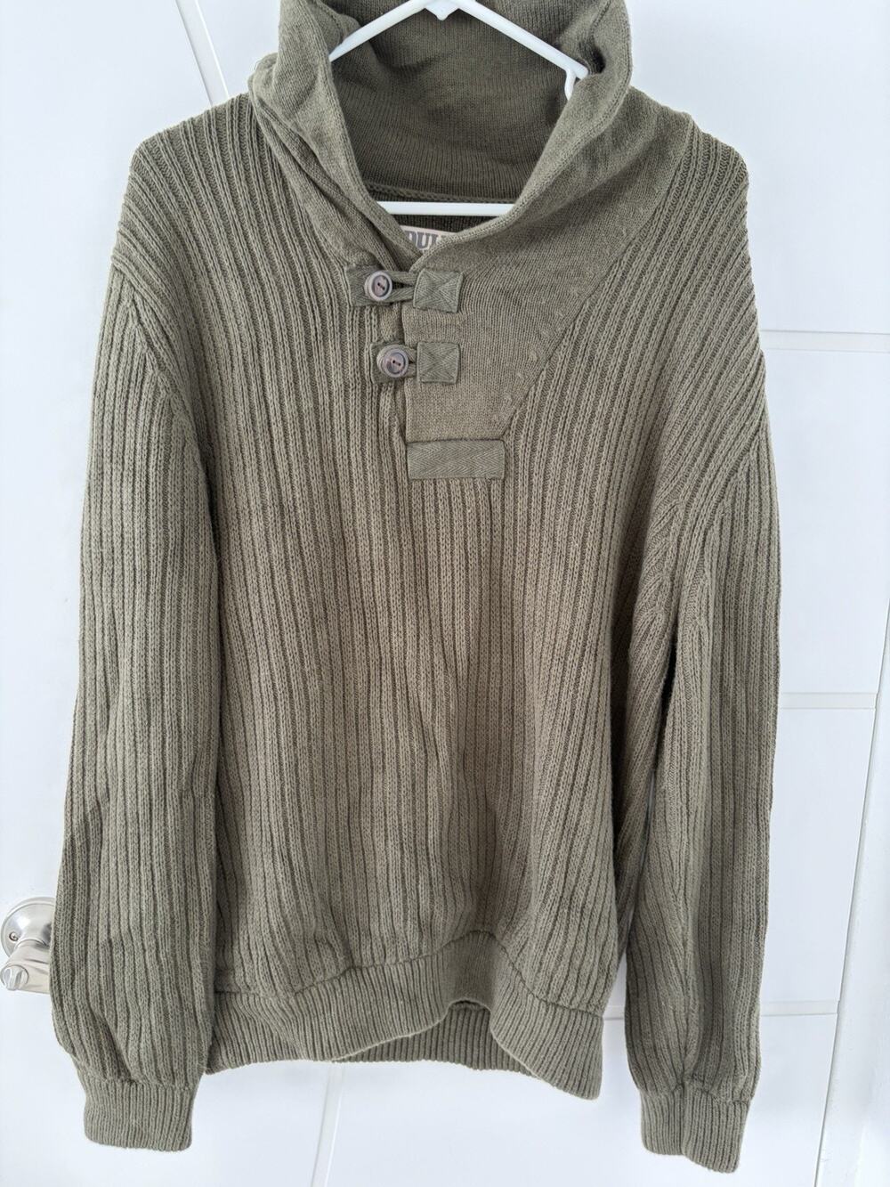 Duluth Trading Co Sweater Men Size Large Olive Green Ribbed Shawl Neck Wool Blnd